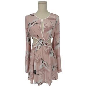 Y2K Forever 21 Blush Pink Crane Print Cutout Bell Sleeve Mini Dress, Size M